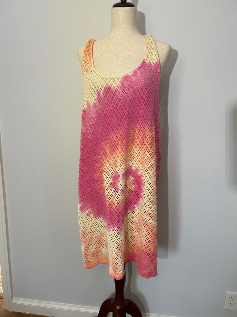 Tie-Dye Laser Cut Swim Coverup Dress - Pink & Cream